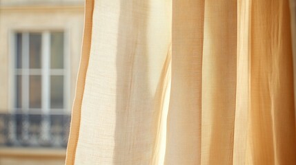 Sunlight Filtering Through Sheer Golden Curtains with Window View