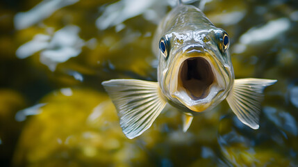 Obraz premium Close up of a Freshwater Fish Revealing its Open Mouth and Gills Under Water