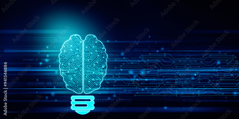 Poster 2d illustration concept of thinking, background with brain, abstract artificial intelligence. techno