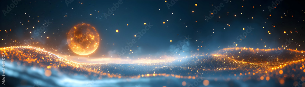 Poster photo realistic as abstract digital art of moonlit night with glowing elements for sharad purnima co