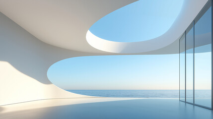 Obraz premium A modern minimalist architectural space with a circular skylight, glass walls. The open design creates a bright, airy atmosphere.