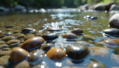 Close-Up of Pebbles in Flowing Water: Texture and Color in Focus