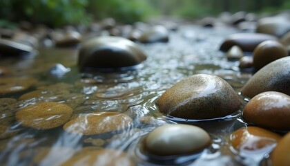 Rounded Pebbles in Clear Stream with Light Refraction Effects