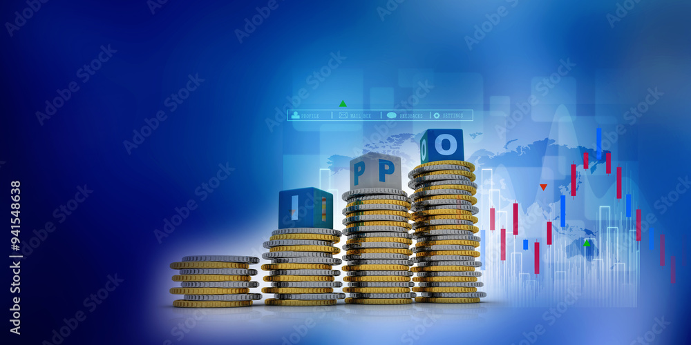 Sticker 3d rendering initial public offering with gold coin