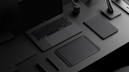 Dark Minimalist Workspace: Sleek black tech and stationery essentials arranged meticulously on a matte black desk, embodying modern sophistication and productivity.