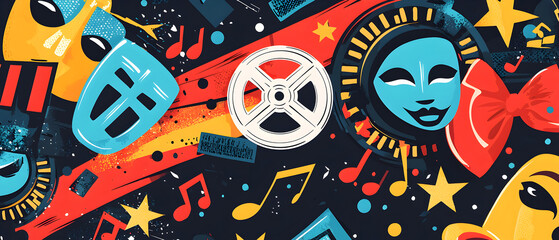 A flat vector illustration of an entertainment background, showcasing movie reels, theater masks, and music notes. Vibrant colors, sleek and minimal design, energetic and fun vibe