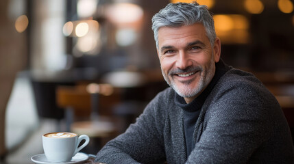 Smiling Mature Man Enjoying Coffee in Cafe Setting