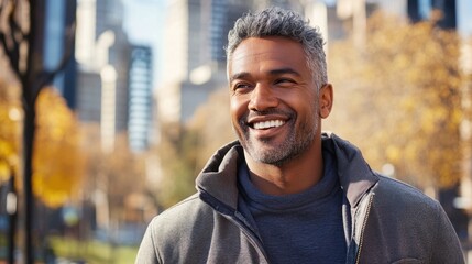 Fototapeta premium Handsome Mature Man Smiling in Urban Autumn Setting
