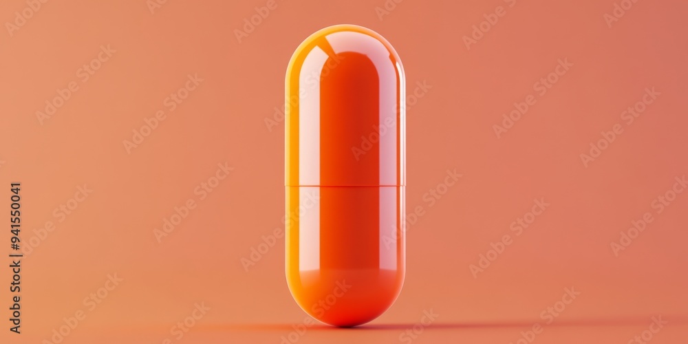 Poster a 3d simple style icon of a glossy orange capsule with a reflective surface and soft shadow isolated