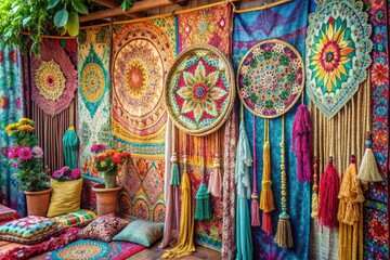 Naklejka premium Bohemian Spring Tapestry: Eclectic, Color, Pattern, Joyful, Flowy, Pastels, Textiles, Thread, Fringe
