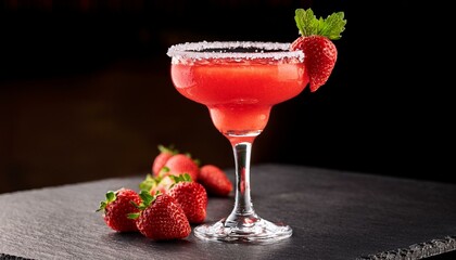 strawberry margarita isolated on a black background served on a bar top