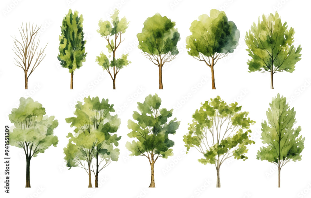 Poster this artwork features a variety of trees in different styles and shades of green, highlighting their