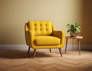 A realistic yellow armchair 3d render. Cozy comfortable office chair for indoor space design. Office interior furniture. Ai generated image