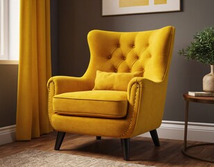A realistic yellow armchair 3d render. Cozy comfortable office chair for indoor space design. Office interior furniture. Ai generated image