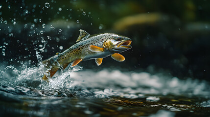 Fototapeta premium Leaping Brook Trout Splashing in Flowing River