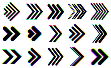 Collection of vibrant glitch-effect arrows with bold distortions. Vector illustration suitable for tech and creative designs.