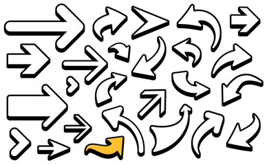 A collection of outlined arrow icons in bold black and accented with gold, featuring dynamic shapes and varied directions. Perfect for creative digital designs. Vector illustration.