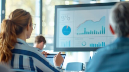 Obraz premium Business team analyzing data on a large screen in a modern office setting, focusing on charts and graphs.