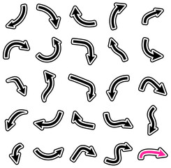 Vector illustration of a collection of curved black arrow icons with bold white outlines, featuring a distinct pink arrow.