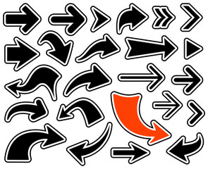 Vector illustration of black and orange arrows in various directions, featuring bold white outlines and different styles.
