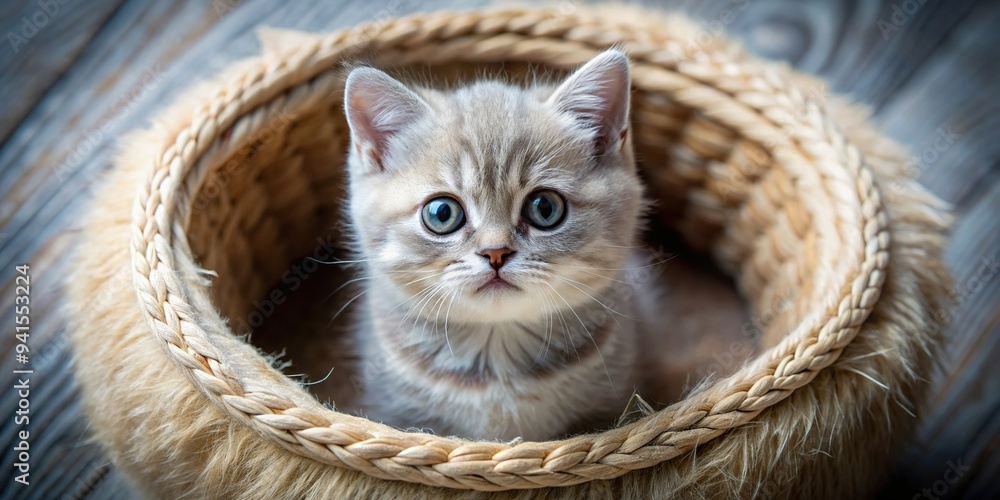 Wall mural cat, pet, British Shorthair kitten, nest, fisheye, animal, fluffy, cozy, whiskers, A small British Shorthair kitten with its fluffy fur sitting in a cozy nest with a fisheye lens effect