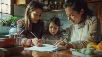 Obraz premium wo mothers helping their young daughter with homework at the kitchen table, smiling and engaged