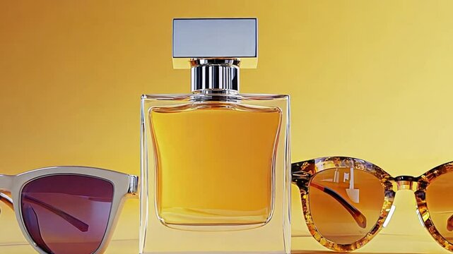 A bottle of perfume is displayed next to a pair of sunglasses