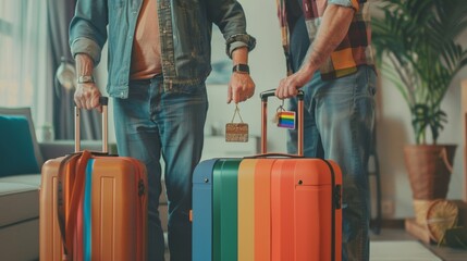 Stock Photography, A gay couple in their 50s packing suitcases for a vacation, with a subtle rainbow keychain on one of the bags