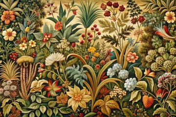Fotobehang Botanical Tapestry: Floral, Nature, Vibrant, Earth Tones, Organic Flow © Four888