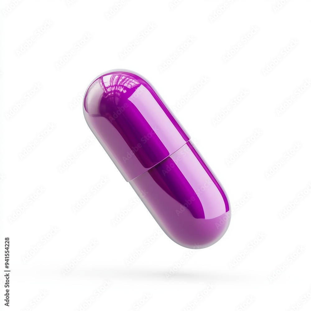 Poster a 3d simple style icon of a bright purple vitamin pill with a smooth texture and subtle highlights f
