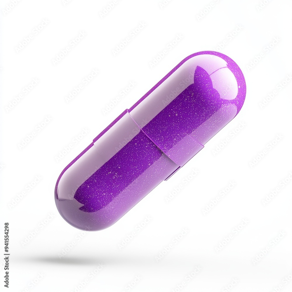 Poster a 3d simple style icon of a bright purple vitamin pill with a smooth texture and subtle highlights f
