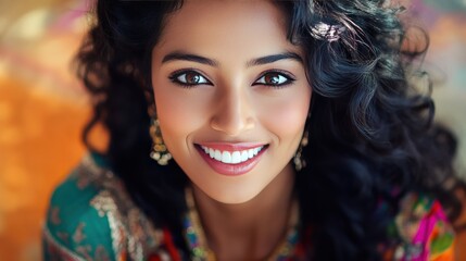 Fototapeta premium A stunning portrait of a young woman in traditional Indian clothing, embodying elegance and grace. Ideal for advertising beauty products or fashion campaigns.