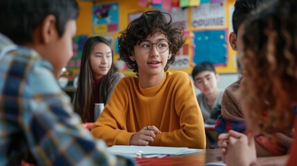 Stock Photography, LGBTQ+ youth leading school diversity club. Students of various backgrounds discussing at table. Inclusive posters on classroom walls