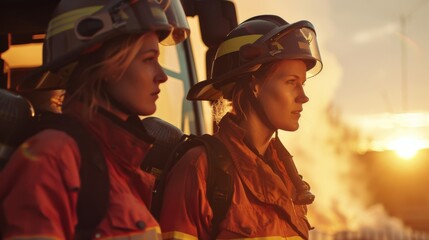 Obraz premium Stock Photography, Lesbian firefighters responding to emergency. Gearing up by firetruck, smoke visible. Teamwork evident in coordinated actions