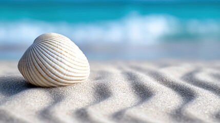 Obraz premium Serene beach scene with gentle waves and seashell patterns on the sand