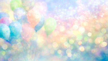 水彩画、たくさんバルーンのシルエット、玉ボケ、淡い色のテクスチャ、透明感、幻想的 2024