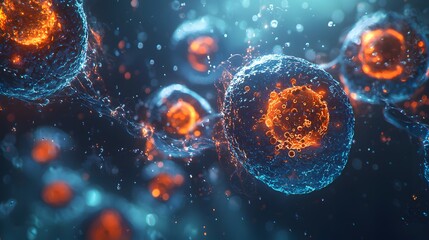 Close-up view of glowing cells with vibrant orange details on a blue background.