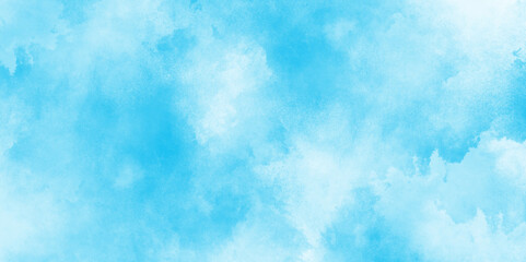 Sky blue Aquarelle paint paper textured canvas element, soft and lovely sky blue watercolor background with clouds, Sky clouds with brush painted blue watercolor texture, small and large clouds.