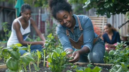 ransgender gardener leading community project. Urban garden space, teaching planting techniques. Diverse volunteers participating