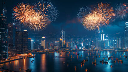 Fototapeta premium Illuminated High-Rises and Fireworks in the Night Sky