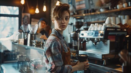 Stock Photography, Non-binary barista creating latte art. Busy cafâÂ© setting, concentrated expression. Impressed customer watching, line forming at counter