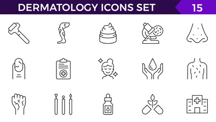 Dermatology web line icons. Skin allergy. Atopic, itchy, Dry skin, Rash, Epidermis. cosmetology.