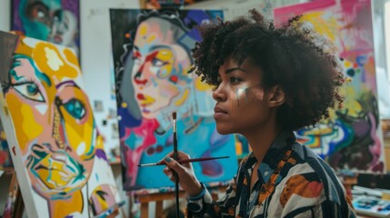 Stock Photography, Non-binary artist hosting inclusive art workshop. Community center, instructing diverse group. Colorful artwork displayed, participants engrossed in creating