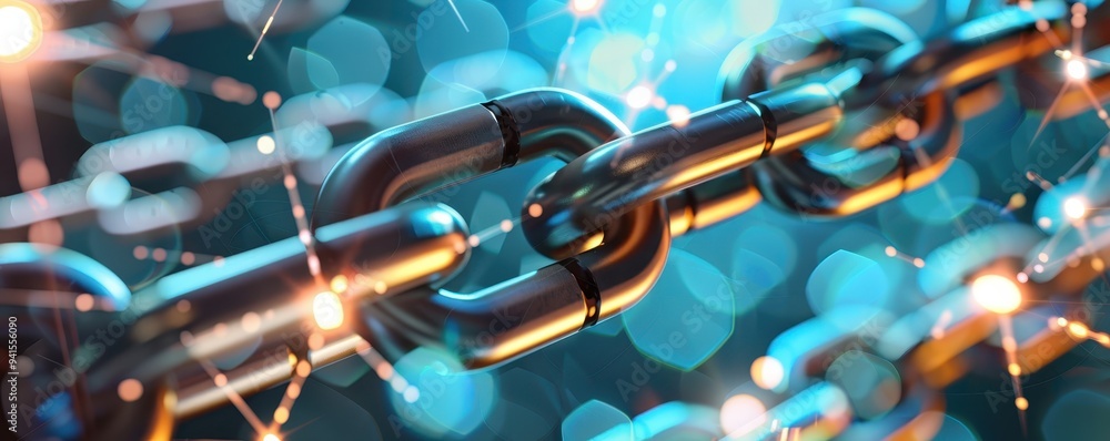 Poster close-up of a metallic chain link with glowing connections, symbolizing blockchain technology and di