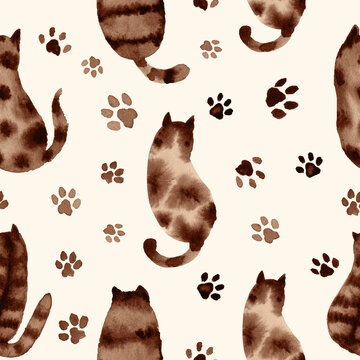 A seamless pattern with watercolor painted cats and paw prints, hand-painted spotted red cats, sitting cats, view from behind, a sepia brown cat pattern