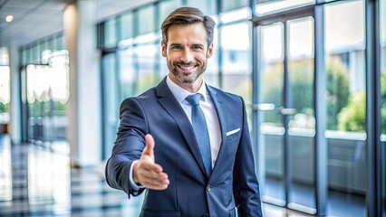 Businessman in suit extending hand for a firm handshake, conveying confidence, trust, and professionalism in a modern office setting with blurred background.