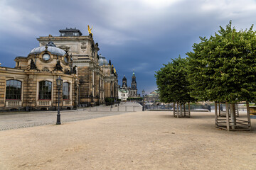 Bruehl Terraces in Dresden with castle and cathedral in the background