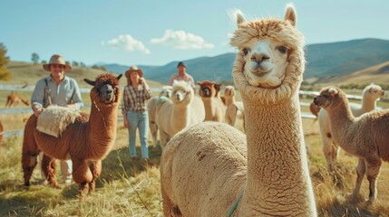 Obraz premium Stock Photography, Gay couple running alpaca farm. Rural setting, tending to herd. Colorful wool products displayed, visitors petting friendly animals