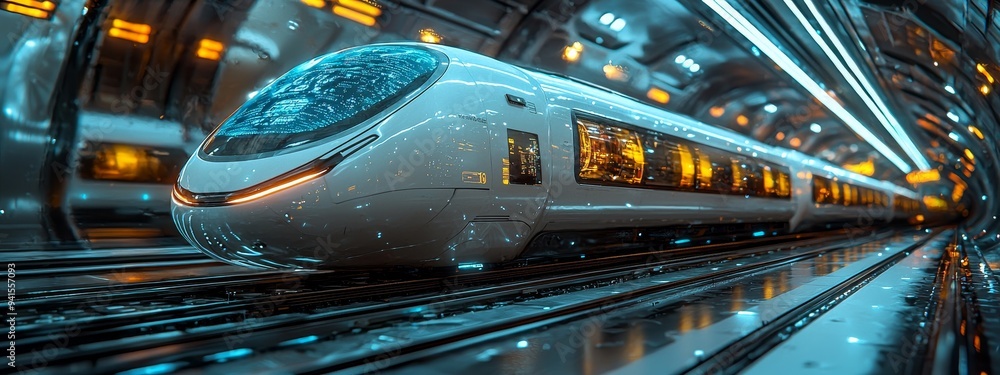 Poster hyperloop or bullet train with full self-driving system activated - wide banner with copy space avai