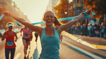 ransgender athlete winning marathon. City street finish line, breaking tape triumphantly. Cheering spectators, other runners congratulating winner